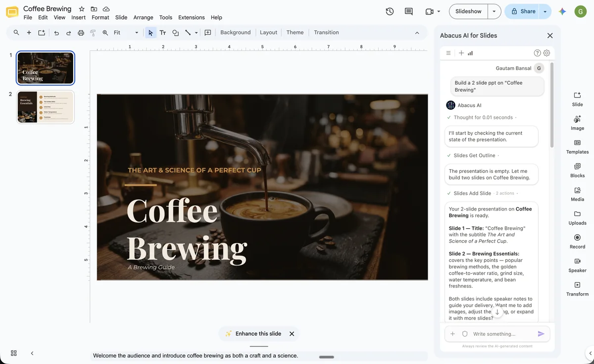 AbacusAI Assistant building a two-slide presentation on coffee brewing in Google Slides