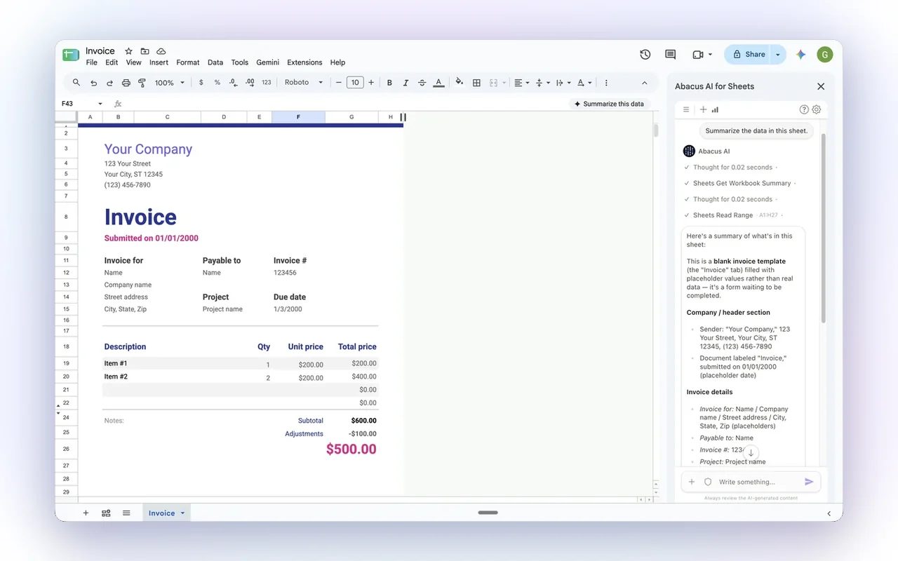 AbacusAI Assistant summarizing a spreadsheet in the sidebar